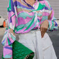 Women’s Abstract Bright Print Off Shoulder Puff Sleeve Button Cuffs Shirt