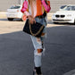 Women’s Abstract Bright Print Off Shoulder Puff Sleeve Button Cuffs Shirt